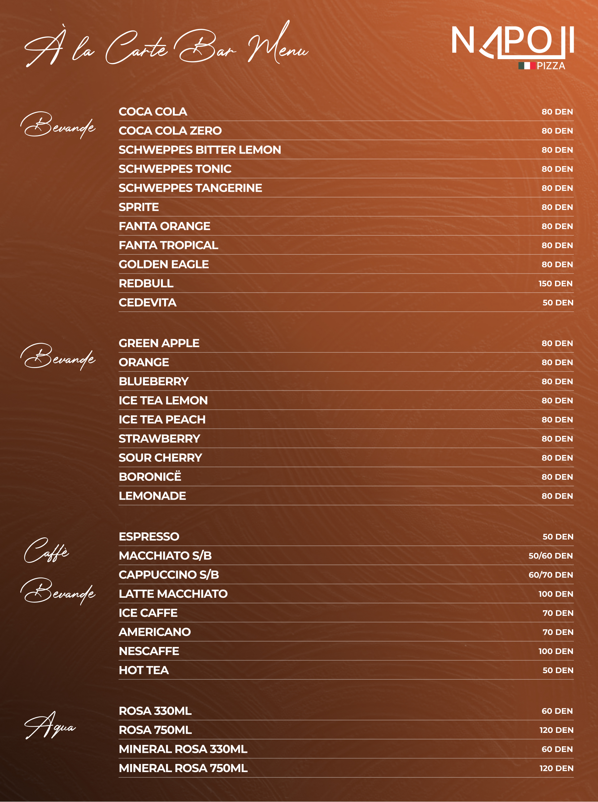 Napoli Pizza Menu